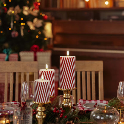 Yongmao Christmas Flickering Red Stripes Glitter Flameless Candles, Battery Operated Pillar Real Wax LED Electric Candle with Remote Timer for Home Christmas Party Decor D3 x H4 5" 6" Set of 3
