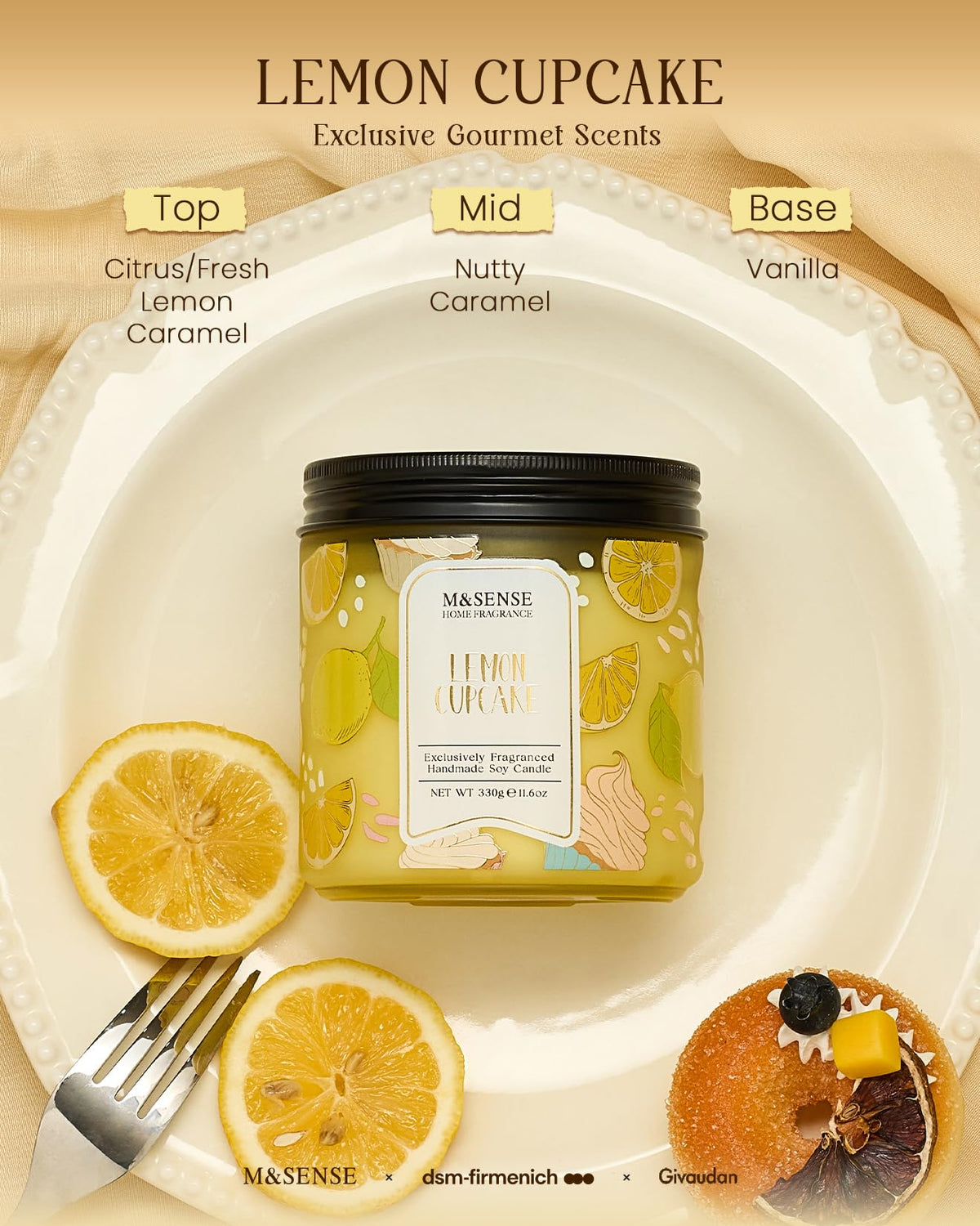 M&SENSE Lemon Vanilla Cupcake Scented Candle, 11.6oz Natural Soy Wax, 70 Hours Long Lasting Clean Burn, Citrus Vanilla Scents for Kitchen Freshness, Candle Gifts for Women Men, Warm Home Decor