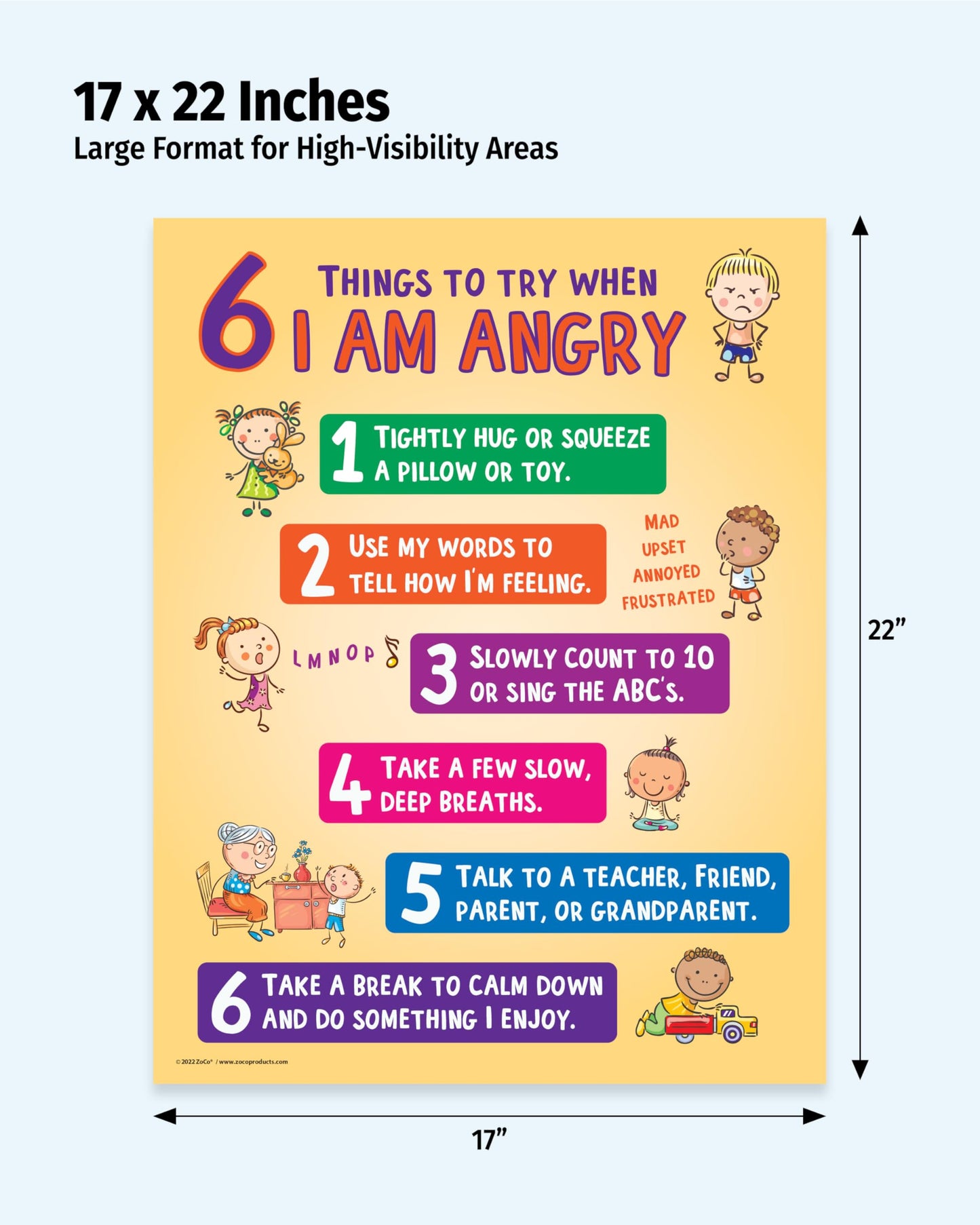 ZOCO – 6 Anger Control Strategies Posters (20-Pack) – Calm Down and Manage Emotions for Toddlers – Classroom Behavior Management for Preschool, Daycare, and Homeschool – Made in USA