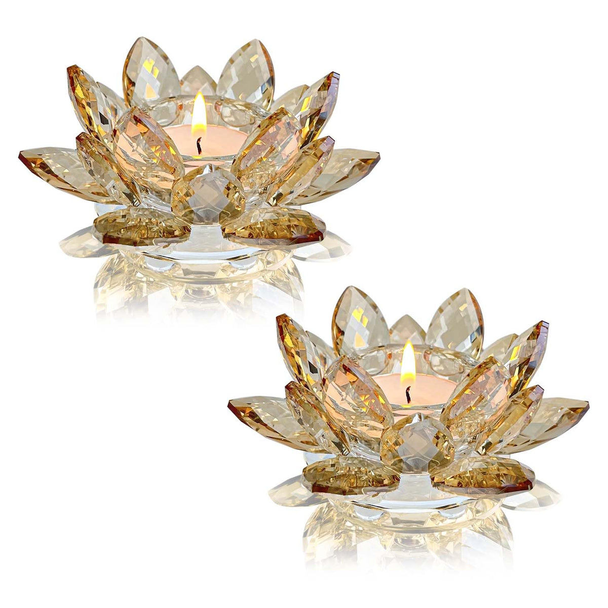 Kolnlala Crystal Lotus Flower Tealight Candle Holders/Glass Tea Light Candlestick Decor Decoration for Christmas Home Wedding Party… (1, Gold 2pcs)
