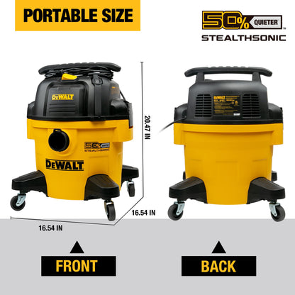 DEWALT 6-Gallon STEALTHSONIC Ultra Quiet Poly Shop Vacuum Wet and Dry with 6 Dust Bags, 5 Peak HP Noise Reduction Wet/Dry Vac for Jobsite, Workshop, and Garage, DXV06P-QTB