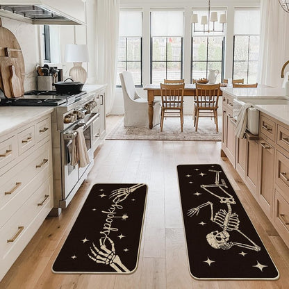 Artoid Mode Spooky Skeleton Spider Bone Black Halloween Kitchen Mats Set of 2, Black Home Decor Low-Profile Kitchen Rugs for Floor - 24x35 and 24x59 Inch