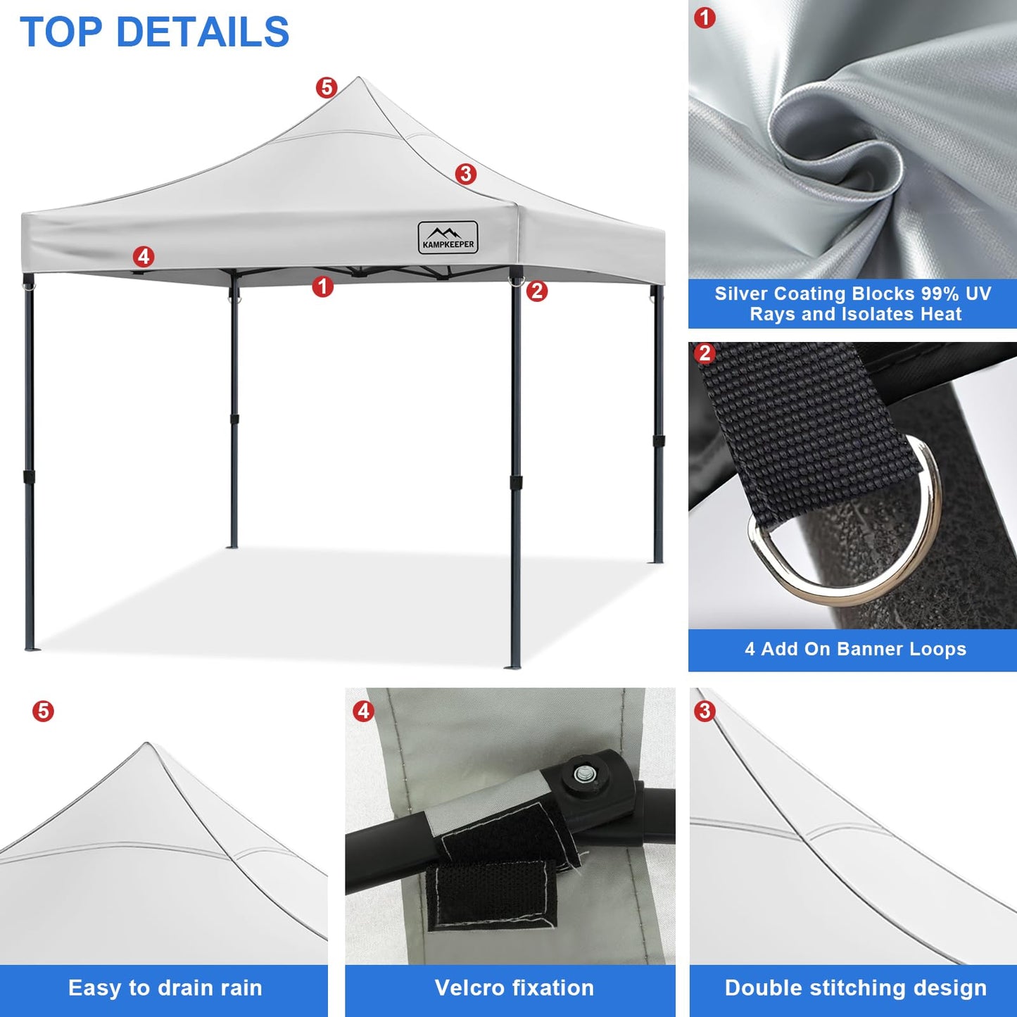 KAMPKEEPER Canopy Replacement Top Cover Roof for 10x10 Peak Pole Straight Leg Canopy Tent,PU-Coated 500D Polyester UV Waterproof,for Outdoor Commercial Garden Sun Shade(Top Only) (White)