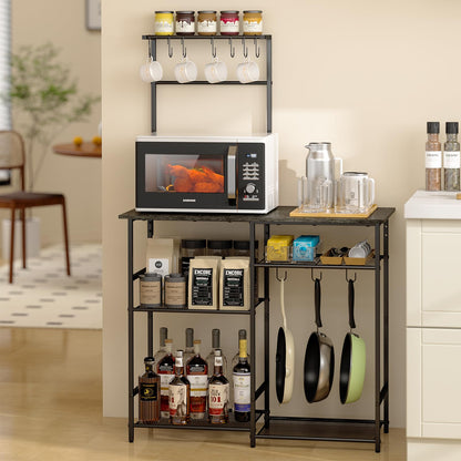 Baker's Rack for Kitchen with Storage, Microwave Stand with Adjustable Shelves and 10 S Hooks, 6-Tier Coffee Bar Station, Kitchen Shelves for Spices, Pots, Rustic Brown