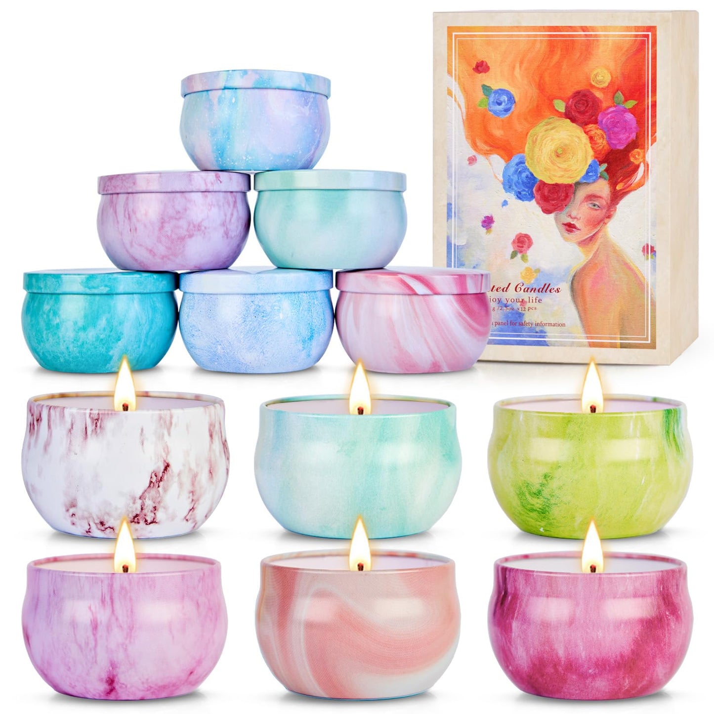 Scented Candles Gift Set for Women, 12 Pack Soy Wax Aromatherapy Candles with Spring Summer Fresh Scents, Up to 300H Total Burn Time, Colorful Portable Tin Candle Gift for Mom, Birthday & Housewarming