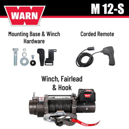 WARN M12-S Electric 12V Heavyweight Winch – 12,000 lb Pulling Capacity, Synthetic Rope, Sealed Motor, IP68 Waterproof, All-Metal Gear Train for Off-Road Recovery & Industrial Use