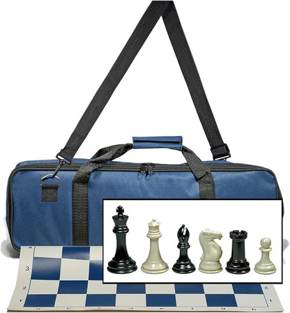WE Games Tournament Chess Set with Deluxe Blue Canvas Bag Triple Weighted Chess Pieces with 4.0 inch King Vinyl Roll-Up Chess Board 20 inches Travel Chess Set for Adults