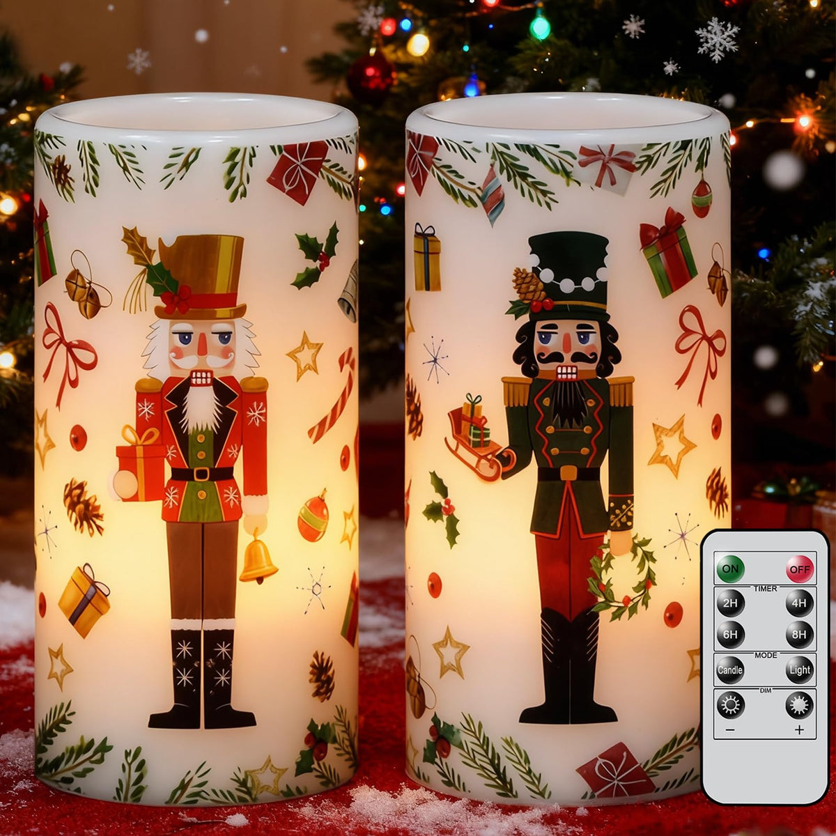 Lasumora Christmas Nutcracker Flameless Pillar Candles with Remote Timer, LED Candles in Real Wax Holder, Battery Operated Candle for Christmas Décor Indoor Xmas Gifts(2 Pack, 3” x 6”)