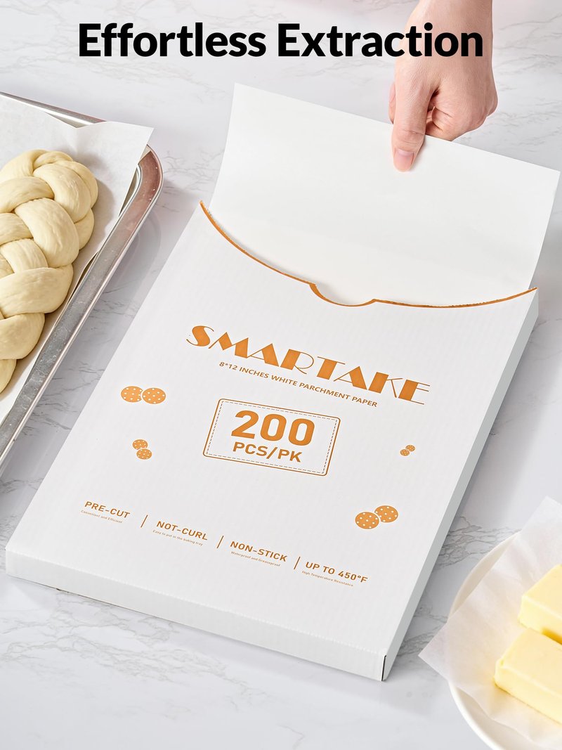 SMARTAKE 200 Pcs Parchment Paper Baking Sheets, 8x12 Inch Non-Stick Precut Baking Parchment, Suitable for Baking Grilling Air Fryer Steaming Bread Cup Cake Cookie and More (White)