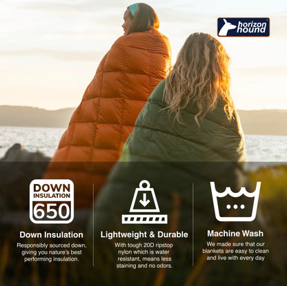 Horizon Hound Trek Down Camping Blanket - Outdoor Travel Quilt, Green | Insulated, Lightweight & Warm Gear for Sleep, Camping, Stadium, Hiking & Festivals | Water Resistant, Packable & Compact