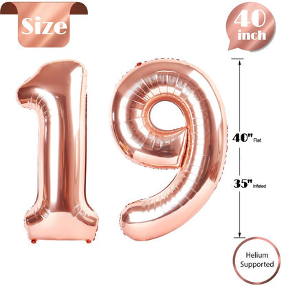 Rose Gold Number 19 Balloon 40 inch, 19 Number Balloons, 19th Birthday Decorations, 19 Year Old Women Men Rose Gold Party Supplies