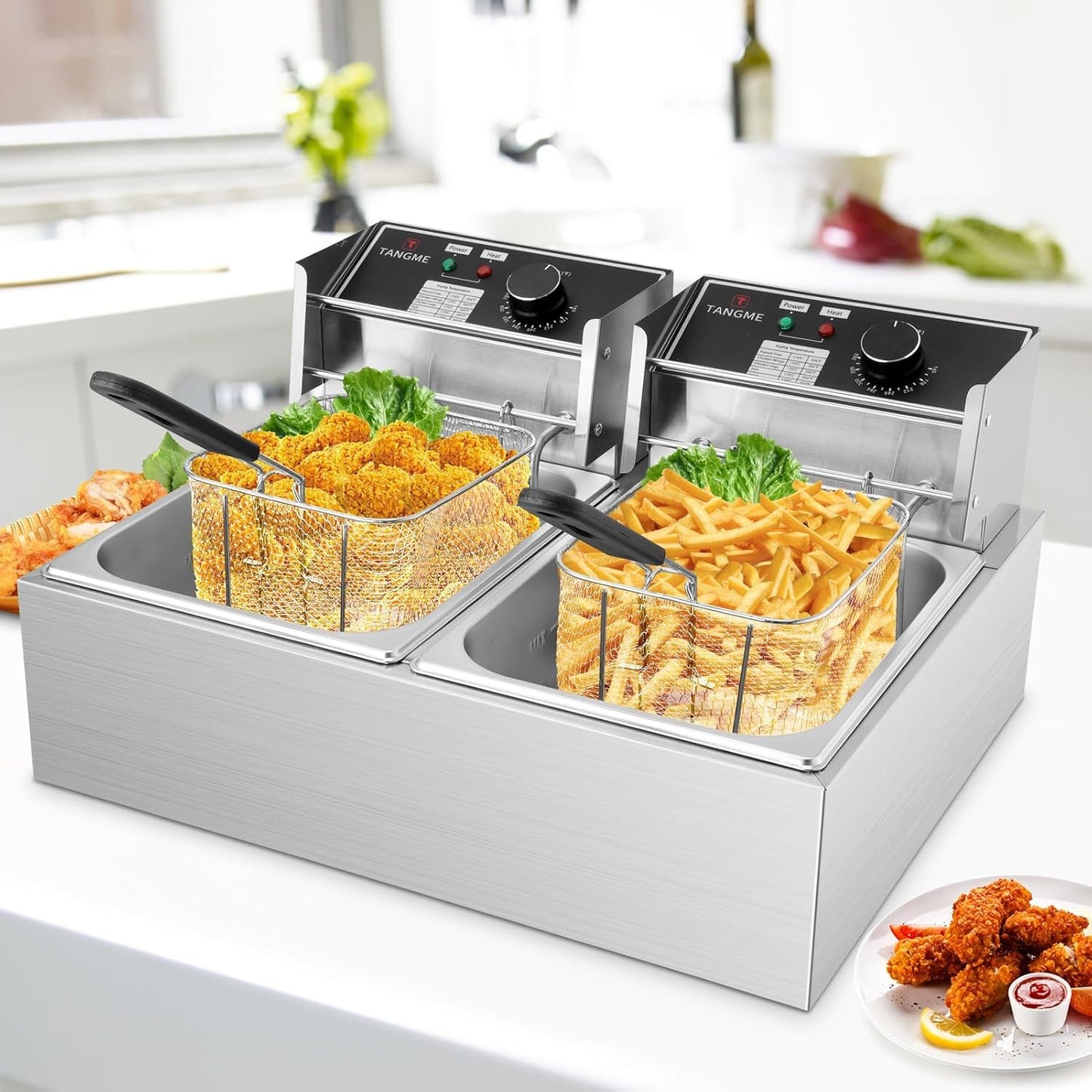 Commercial Deep Fryer, 3400W Electric Deep Fryers with 2x6.35QT Baskets Thickened Stainless Steel Countertop Oil Fryer 20.7QT Large Capacity with Lids Temperature Controller (12L)