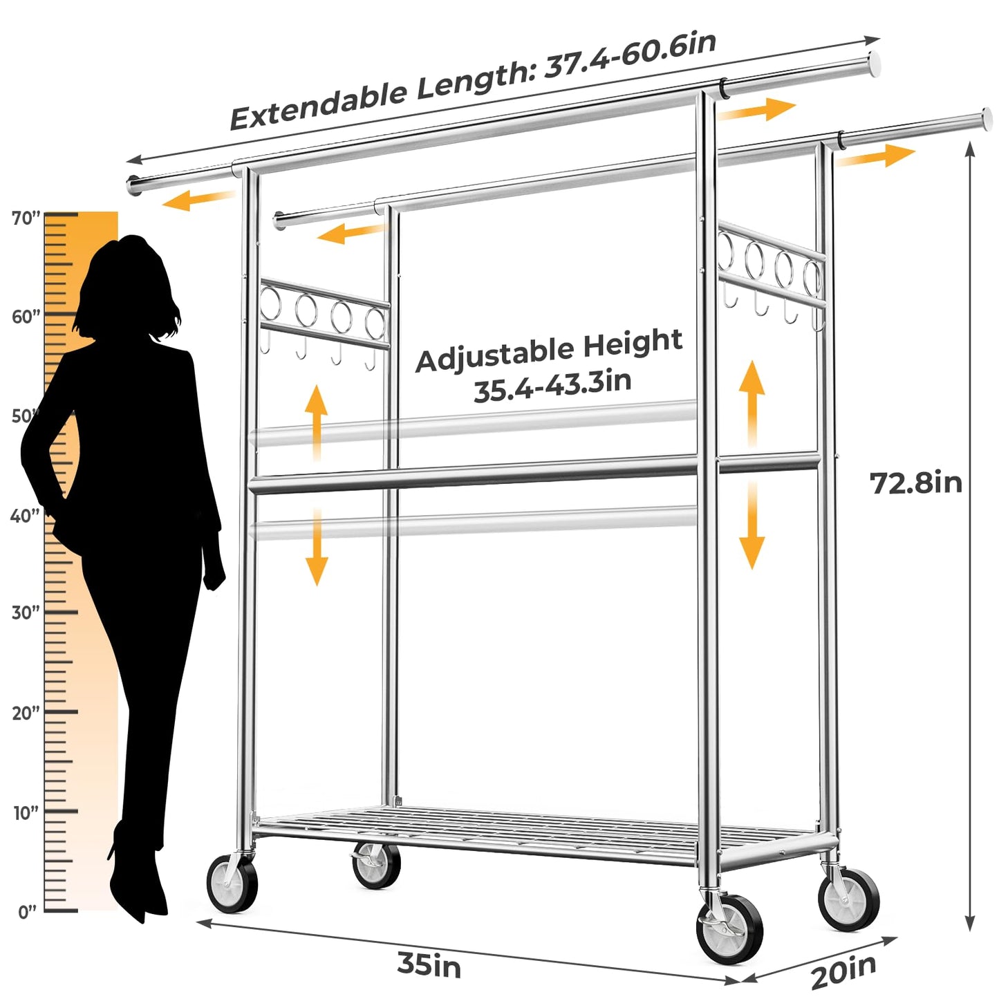 Heavy Duty Clothes Rack Load 1060LBS, Four Rods Rolling Clothing Racks for Hanging Clothes, Rolling Garment Rack With Sturdy Wheels Shelves Hooks, Portable & Adjustable Commercial Garment Rack, Silver