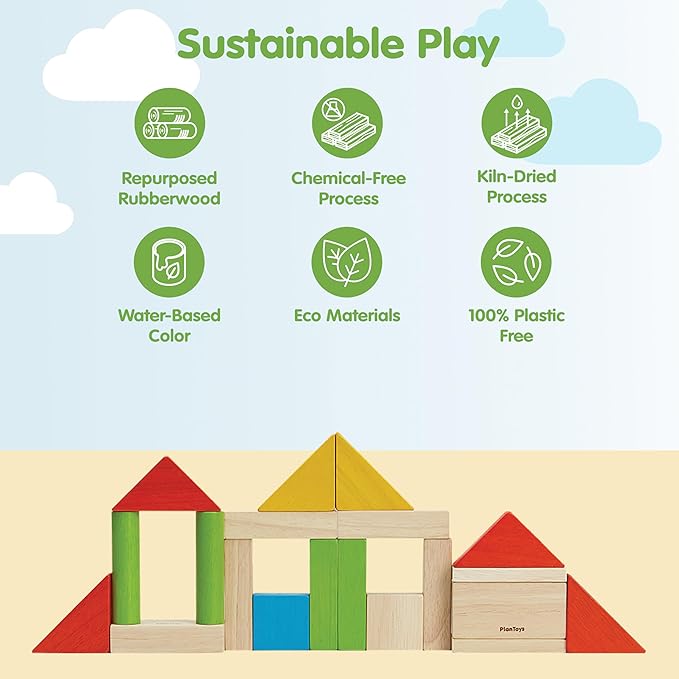 PlanToys® 40 Unit Blocks Wooden Montessori Building and Stacking Toy | Early STEM Fine Motor Creativity and Problem Solving Activity | Eco Friendly Educational Open Ended Play Set