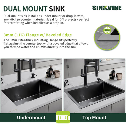 Drop-In Deep Laundry Sink 25 x 22 inch Black, SINKVINE Single Bowl Nano Stainless Steel Kitchen Sink for Outdoor and Indoor Top Mount, with Drain Strainer, Bottom Grid, Roll-up Drying Unit, Dark Gray