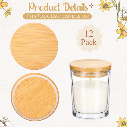 Ferrochef 12 Pcs Bamboo Lids for 7oz Candle Jars,Only Wood Cup Lids Tops for Making Candle, Glass Jars, Reusable Cover for Storage Decor Sample Container