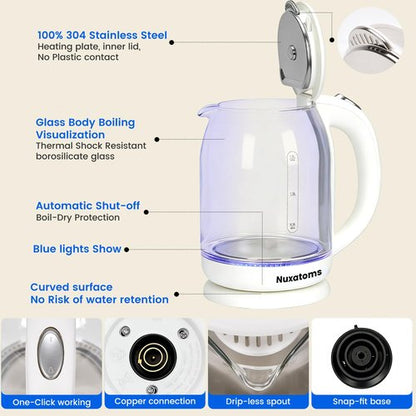 Household Electric Kettle, All 304 Stainless steel and No Plastic Contact, Automatic Shut-off,Borosilicate glass Visual Boiling, 2.0L Water Boiler & Tea Kettle Perfect For Tea & Coffee (pure white)