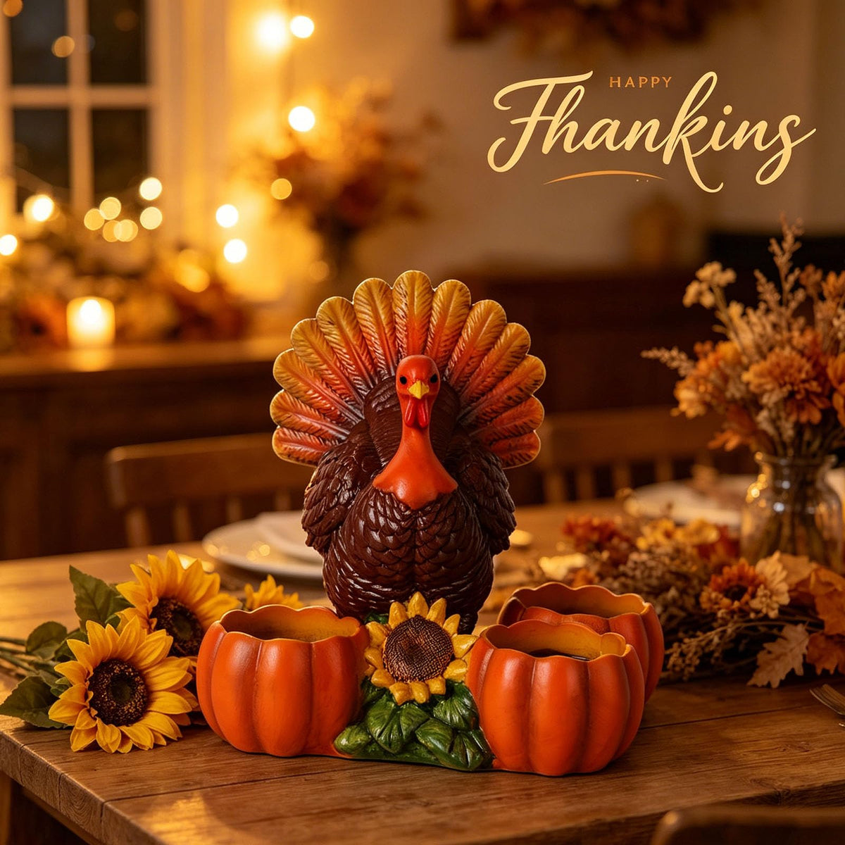 Thanksgiving Turkey Tealight Candle Holder with 3 Pumpkin & Sunflower Decor, Thanksgiving Table Centerpieces Autumn Votive Candle Holder Turkey Figurine for Fall Home Decor