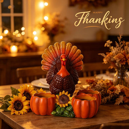 Thanksgiving Turkey Tealight Candle Holder with 3 Pumpkin & Sunflower Decor, Thanksgiving Table Centerpieces Autumn Votive Candle Holder Turkey Figurine for Fall Home Decor