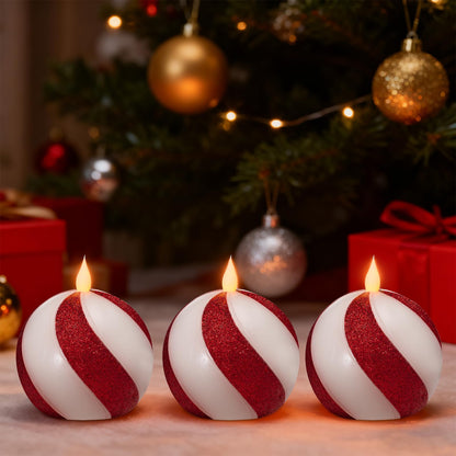 Set of 3 Christmas Sphere Candy-Cane Flameless Candles - Red White Real Wax Flickering Ball Candles Battery Operated with Remote, Candy Cane Christmas Decorations, Xmas Party Tables Centerpieces Decor