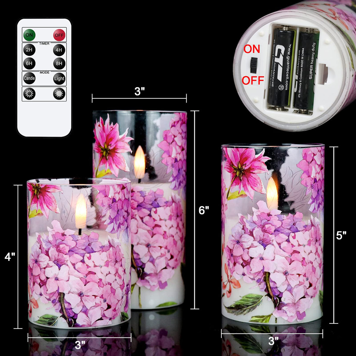 DRomance Pink Hydrangea Glass Flameless Candles with Remote Timer Battery Operated LED Pillar Candles Realistic 3D Wick Flickering Real Wax Wedding Dinner Holiday Decor Candle 3 x 4,5,6 Inches