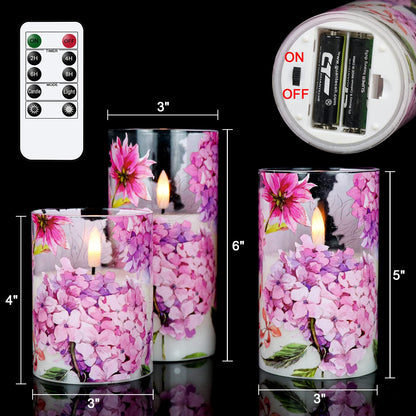 DRomance Pink Hydrangea Glass Flameless Candles with Remote Timer Battery Operated LED Pillar Candles Realistic 3D Wick Flickering Real Wax Wedding Dinner Holiday Decor Candle 3 x 4,5,6 Inches