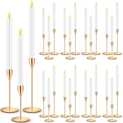 FillTouch 30 Pcs Gold Candlestick Holders with Flameless LED Candles Bulk Includes 15 Metal Candle Holders and 15 Battery Operated Taper Candles for Wedding Valentines Table Centerpieces Home Decor