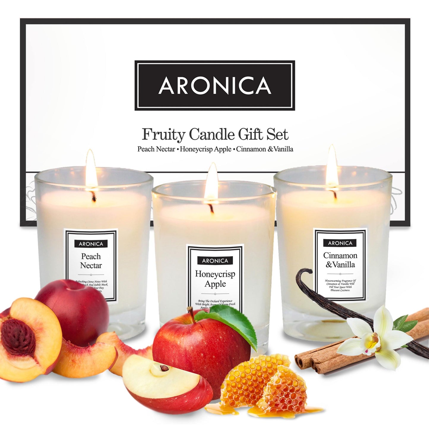 Aronica Fresh Fruity Candles Gift Set - Honeycrisp Apple, Peach Nectar, Cinnamon Vanilla, Cute Hostess Gift Holiday, Nice Christmas Presents for White Elephant