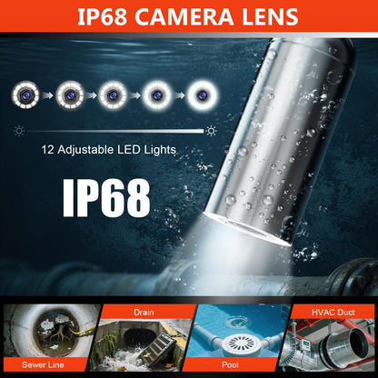 Sewer Camera with 512Hz Transmitter, Self-Leveling Drain Camera 100ft with Meter Counter, 9" HD Plumbing Camera Snake with 12 LED Lights, 5100mAh Battery, IP68 Waterproof, 32GB DVR for Pipe Inspection