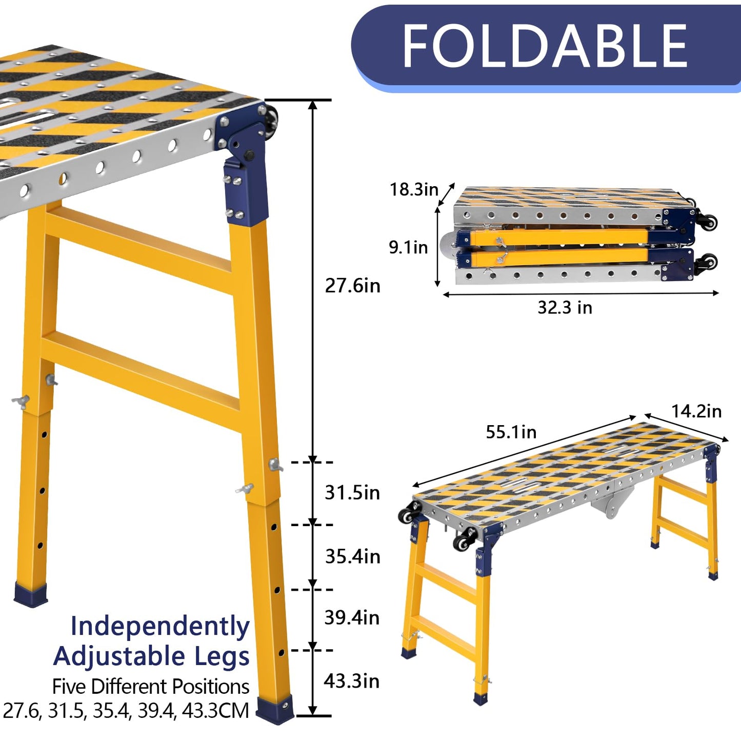 Versatile Portable Steel Work Bench with 4 Wheels, 55'' × 14.2'' Foldable Welding Table with Height Adjustment, Heavy Duty Steel Construction Galvanized Tabletop Workbench with 1102 LBS