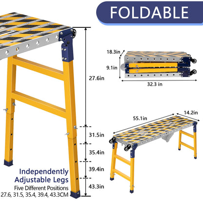 Versatile Portable Steel Work Bench with 4 Wheels, 55'' × 14.2'' Foldable Welding Table with Height Adjustment, Heavy Duty Steel Construction Galvanized Tabletop Workbench with 1102 LBS