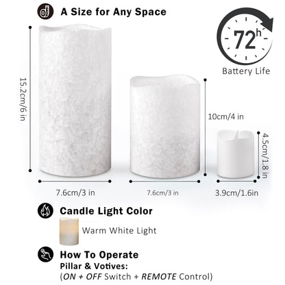 FURORA LIGHTING White Crystallized Flameless Candles - Real Wax, Adjustable Brightness, Remote & Timer - 4 Pillars (3x4, 3x6) and 4 Votives, 8-Pack, Battery Operated