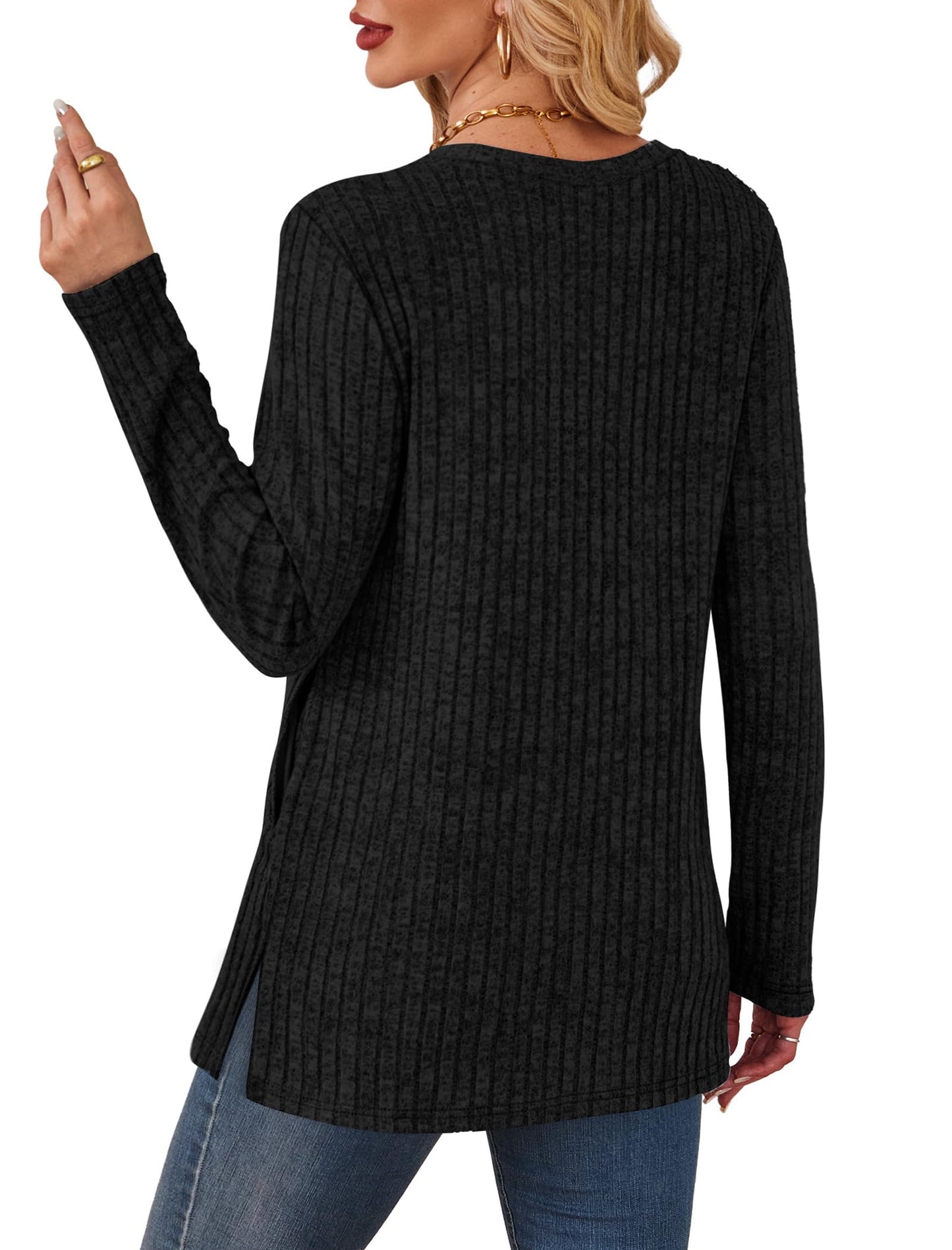 SAMPEEL Womens Sweaters Crewneck Long Sleeve Shirts with Pockets Fall Outfits 2025 Fashion Winter Clothing Side Slit