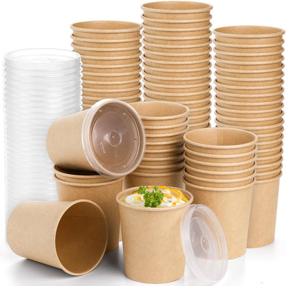 Lyellfe 80 Pack Paper Soup Containers with Lids, 16 Oz Disposable Kraft Paper Food Cups, To Go Take Out Cups for Hot Cold Drinks, Christmas Party
