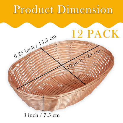 Nexboraque 12 Pack Plastic Oval Basket, Empty Bread Basket 10 x 6.25 x 3 Inch Food Storage Basket Bulk, Plastic Wicker Baskets Bin for Kitchen Serving, Centerpiece Display, Christmas Gifts, Brown