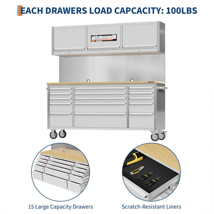 Garvee 72-Inch Heavy-Duty Rolling Tool Chest & Mobile Workbench with 9 Drawers & 3 Top Cabinet, Rubber Wood Tabletop, Key Locking System, Drawer Liners & Wheels, Steel Storage Cabinet for Garage