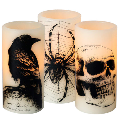 DRomance Halloween Flameless Flickering Candles Battery Operated with 6 Hour Timer White Real Wax Spooky LED Pillar Candles Skull Spider Crown Decals Hallloween Indoor Decor(3 x 6 Inches)