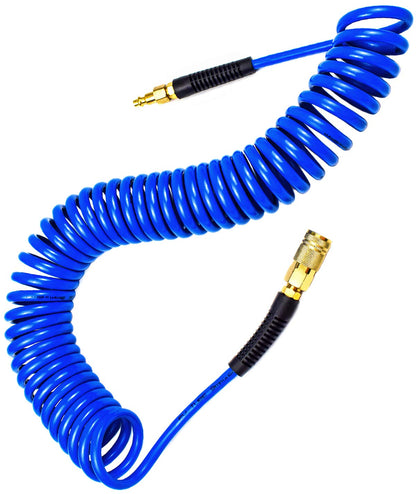YOTOO Polyurethane Recoil Air Hose, Air Compressor Hose 1/4" Inner Diameter by 25' Long with Bend Restrictor, 1/4" Industrial Quick Coupler and Plug, Blue
