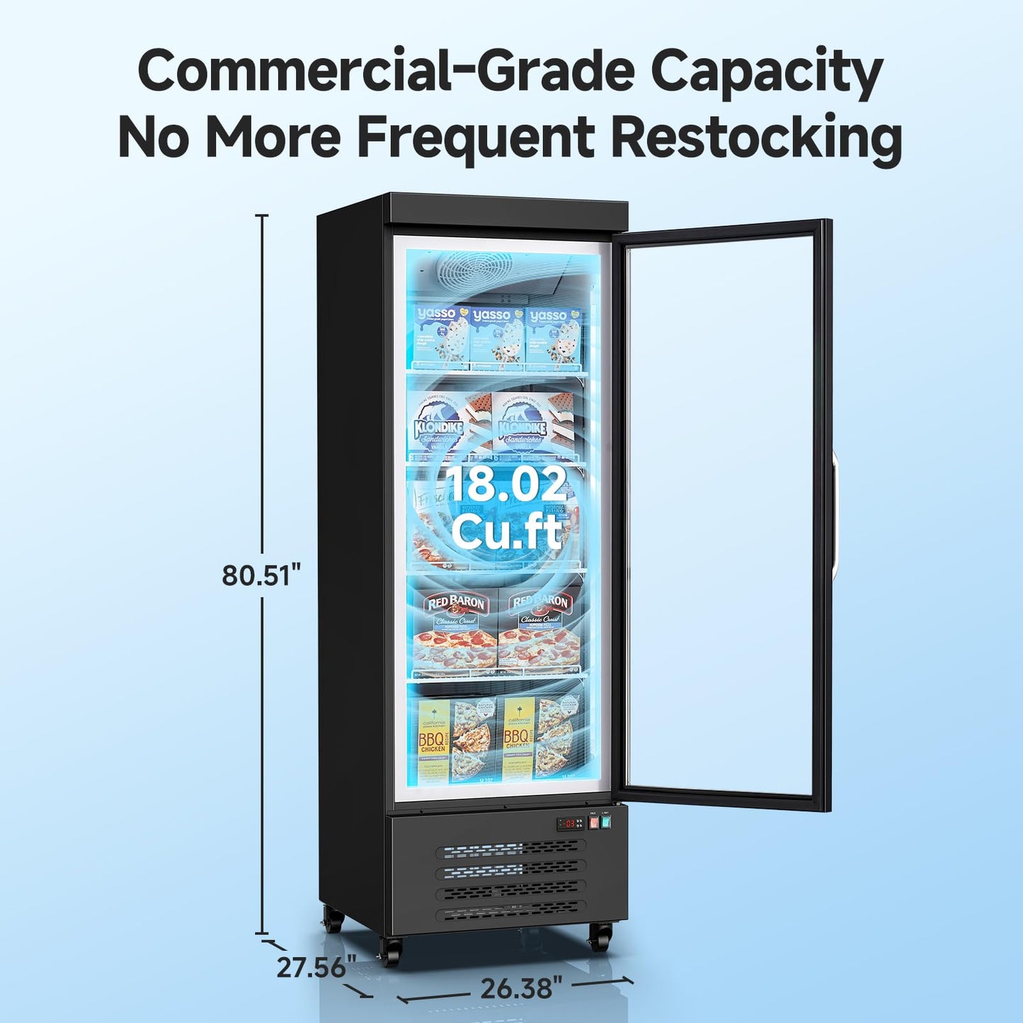 BODEGACOOLER Commercial Freezer Upright, 1 Door Standing Display Freezer With Glass Door, 18 Cu.Ft Large Capacity, -15℉-5℉ Temperature Range, Auto Defrost, For Ice Cream, Frozen Foods
