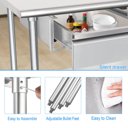 HARDURA Stainless Steel Prep Table with Drawer 24" x 60" NSF Heavy Duty Bench with Undershelf, Hook and Galvanized Legs for Commercial Food Prep