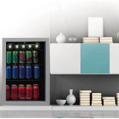 Frigidaire Beverage Fridge Refrigerator with Glass Door, Compact Mini Fridge with Digital Temperature Control Fits 87 Cans or 24 Bottles - 19.29" D x 25" W x 17.51" H, Silver