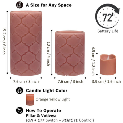 FURORA LIGHTING Dusty Rose Flameless Candles - Real Wax, Adjustable Brightness, Remote & Timer - 4 Pillars (3x4, 3x6) and 4 Votives, 8-Pack, Battery Operated