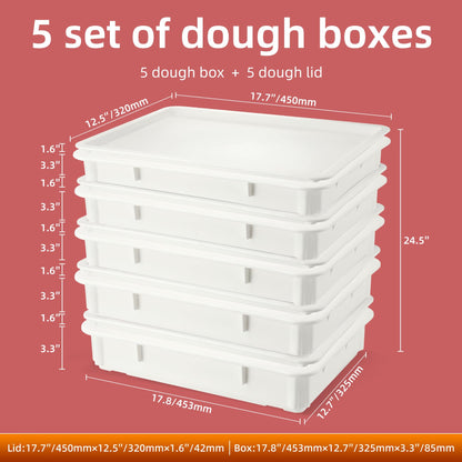 SHUNYILONG Pizza Dough Proofing Box 5-Piece Set - Stackable Dough Boxes with Lids (17.84" D x 12.8" W x 7.8" H) & Bakery Storage Containers for Bread, Sourdough - Commercial Food Prep