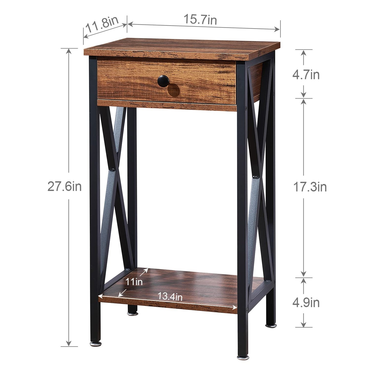 VECELO Tall End Side Tables,27 Inch Night Stand with U-Shape Basket and Storage Drawer/Shelf for Living Room/Bedroom/Small Spaces,Set of 2,Brown