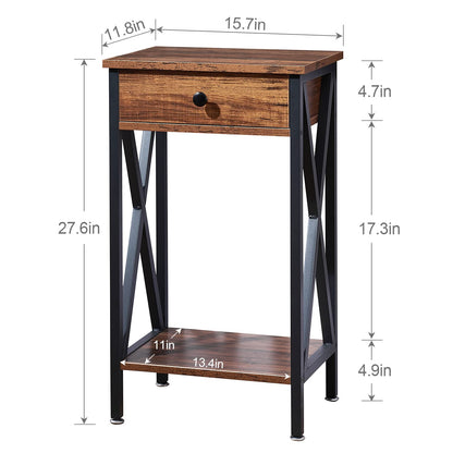 VECELO Tall End Side Tables,27 Inch Night Stand with U-Shape Basket and Storage Drawer/Shelf for Living Room/Bedroom/Small Spaces,Set of 2,Brown