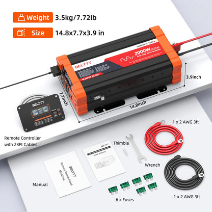 BELTTT 2000W Pure Sine Wave Inverter, Inverter 12V DC to 120V AC for Solar, RV, Truck, Outdoor, Power Inverter with Dual AC and 20A Socket, 5V 2.1A USB, Surge 4000W, Hardwire Port, Remote Controller