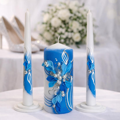 Magik Life Unity Candle Set - Wedding Ceremony & Reception – 6” Pillar & Two 10” Taper Candles – Long Burning Unity Candles for Marriage Ritual – Handmade in USA –White | Royal Blue