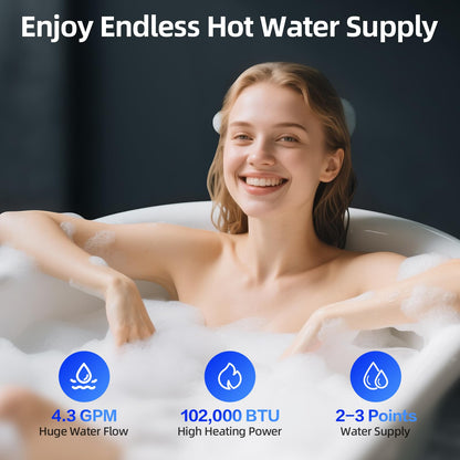 Propane Gas Tankless Water Heater, Indoor Max 4.3 GPM, 100,000 BTU On Demand Instant Hot Water Heater Propane Gas with LED Temperature Control Panel, 1/2" NPT Connector Size, Gray
