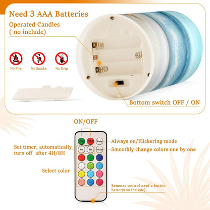 BOENLE Flickering Flameless Candles, Shells Summer Sandy Beach LED Candles with Remote Timer, Set of 2 Battery Operated Candle for Valentine Wedding Birthday