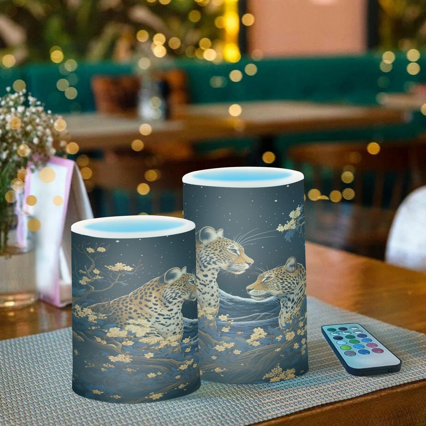 Lights Flameless Candles Golden Leopard Pillar Candles Set of 2 Battery Operated Remote Control Warm Lights Home Decor